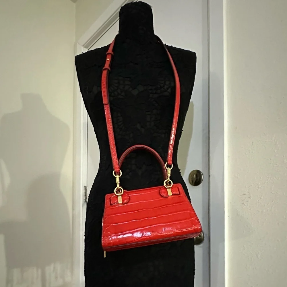 Tory Burch Mini Lee Radziwill Croc Embossed Leather Satchel